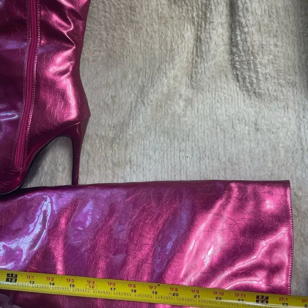 Azalea Wang synthetic Patent metallic Pink/Fuchsia thigh high heel boots SZ 7